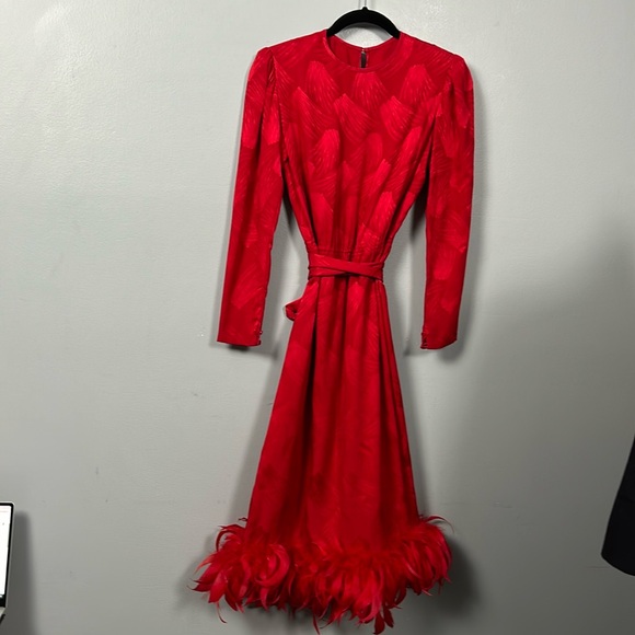 Vintage Women’s Silk Red Shift Dress Faux Feather Hem Necktie Slip on size S - Picture 4 of 17